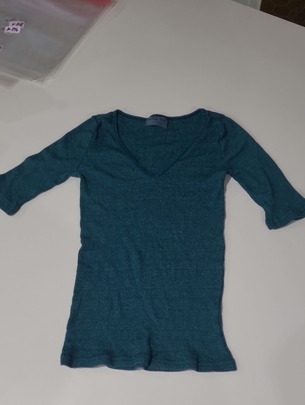 Michael Stars Teal V-Neck Ribbed Short Sleeve Top